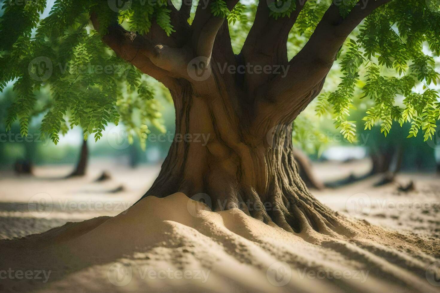 a tree in the desert with sand and trees. AI-Generated photo