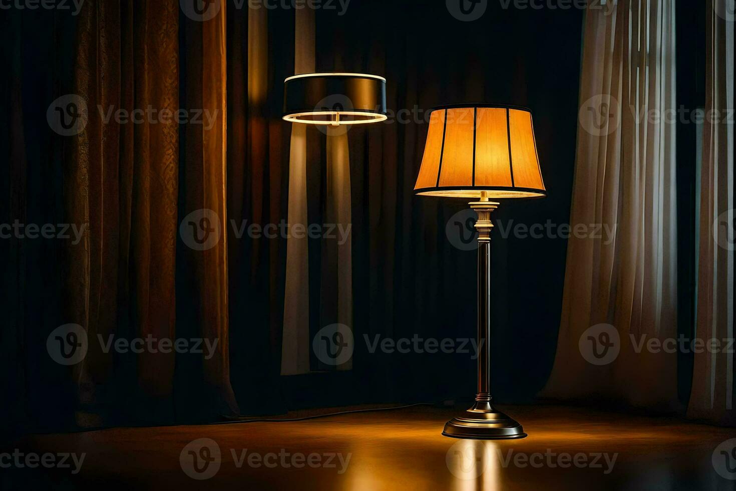 a lamp and a lampshade in a dark room. AI-Generated photo