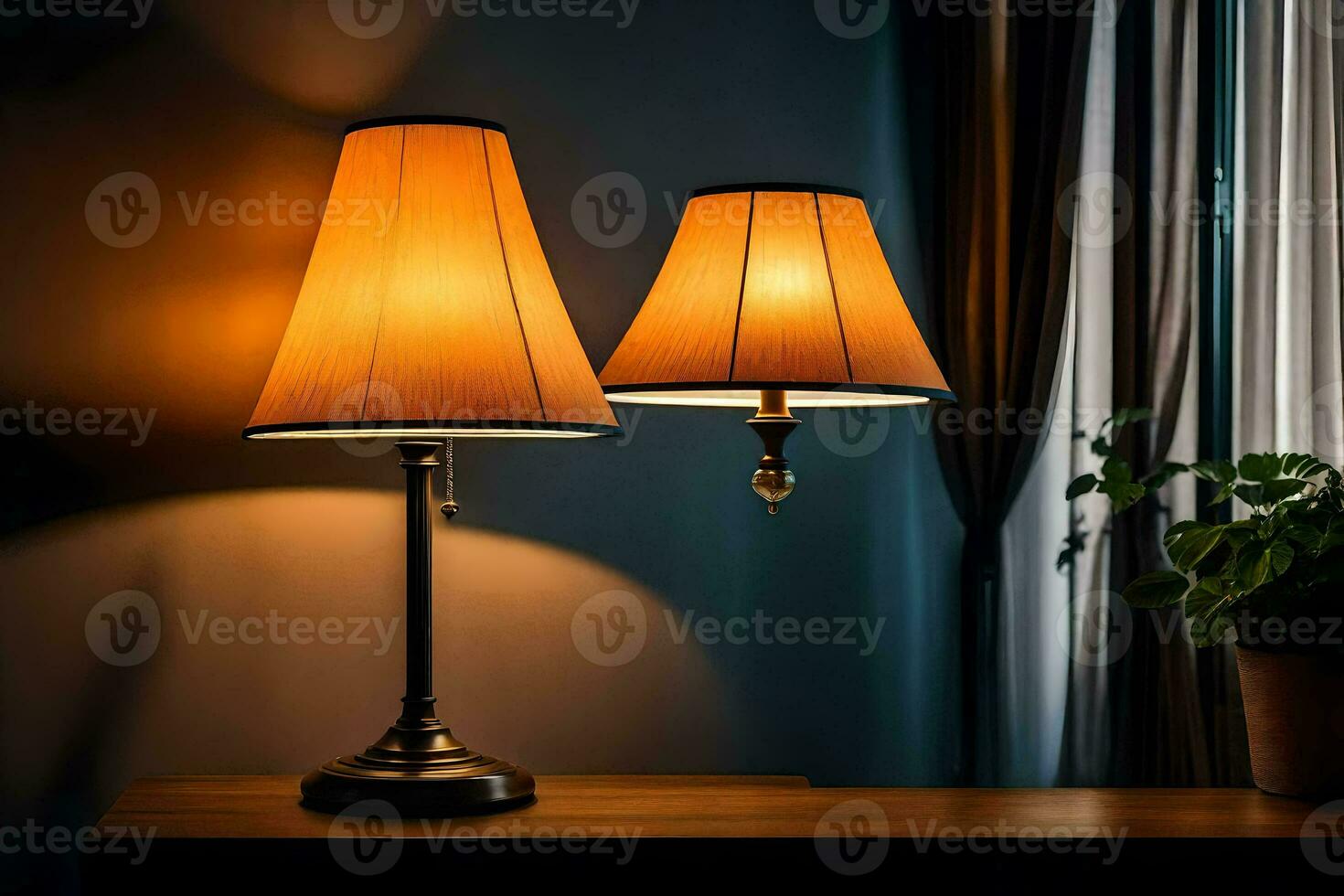 two lamps on a table in front of a window. AI-Generated photo