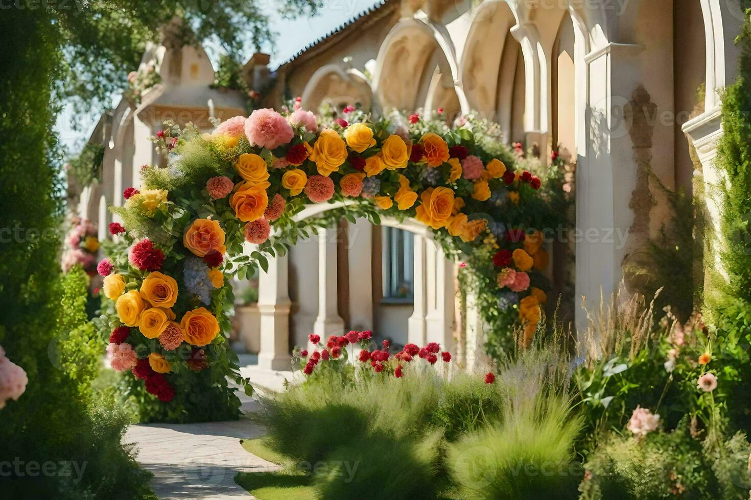 a flower archway in front of a building. AI-Generated photo