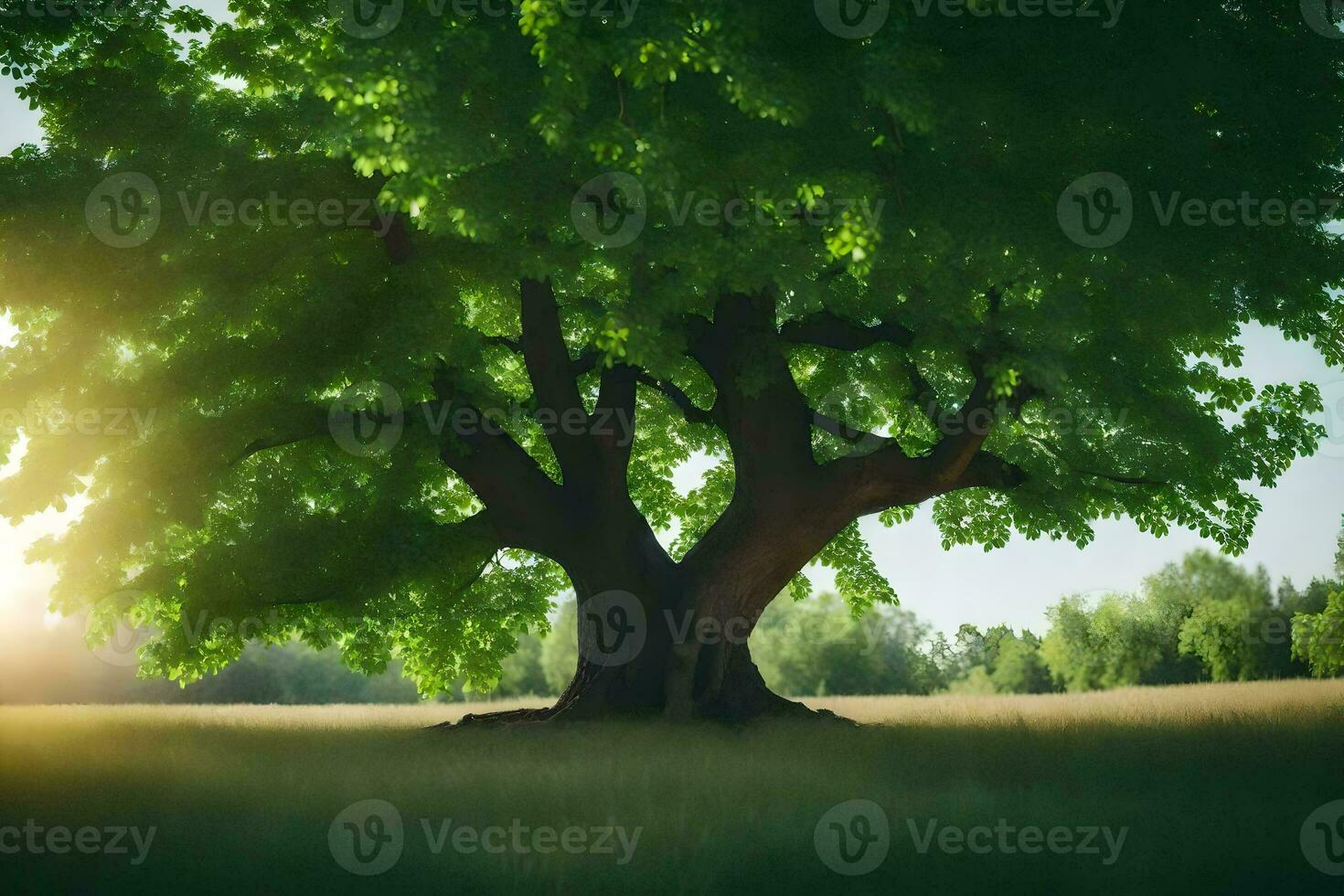 a large tree in the middle of a field. AI-Generated photo