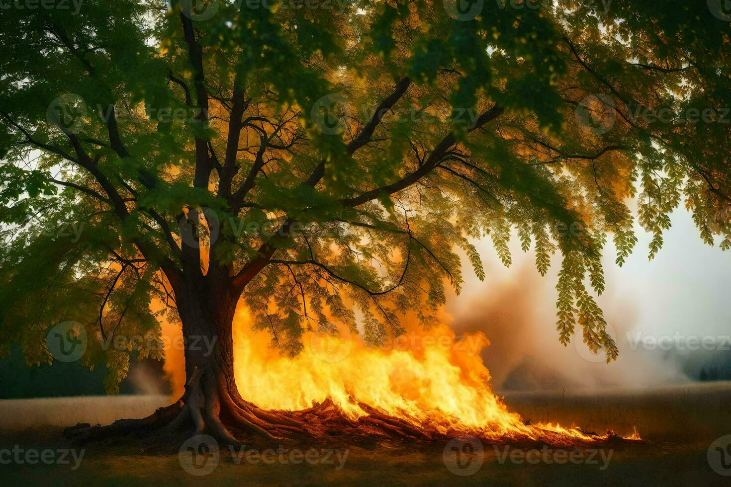 a tree is burning in the middle of a field. AI-Generated photo
