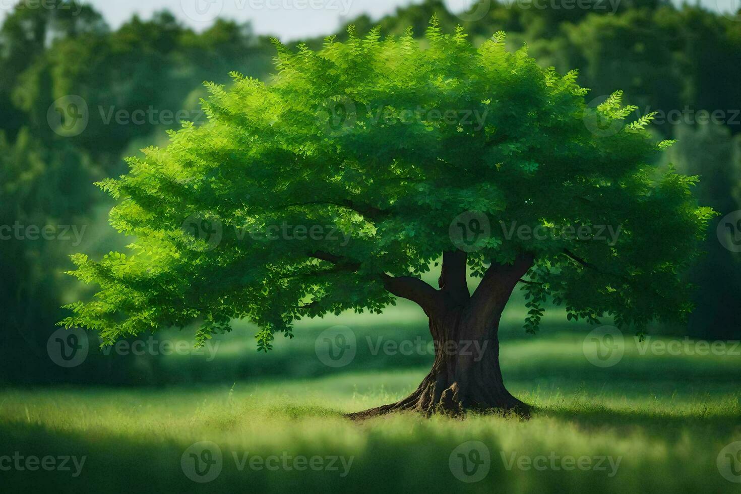 a tree is standing in the middle of a field. AI-Generated photo