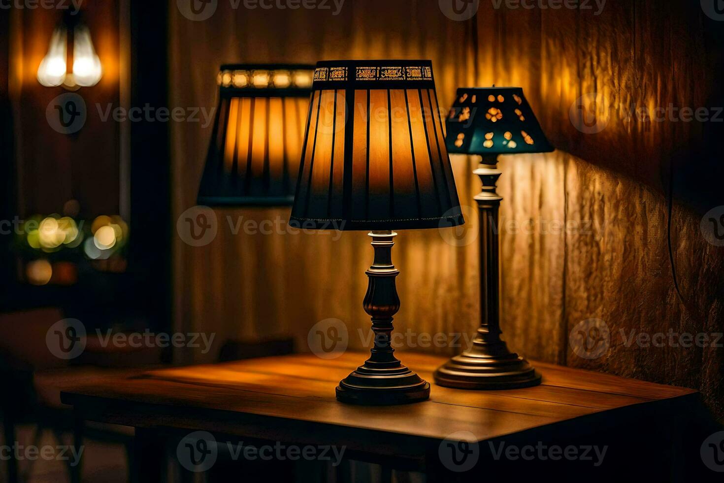 two lamps on a table in a dark room. AI-Generated photo