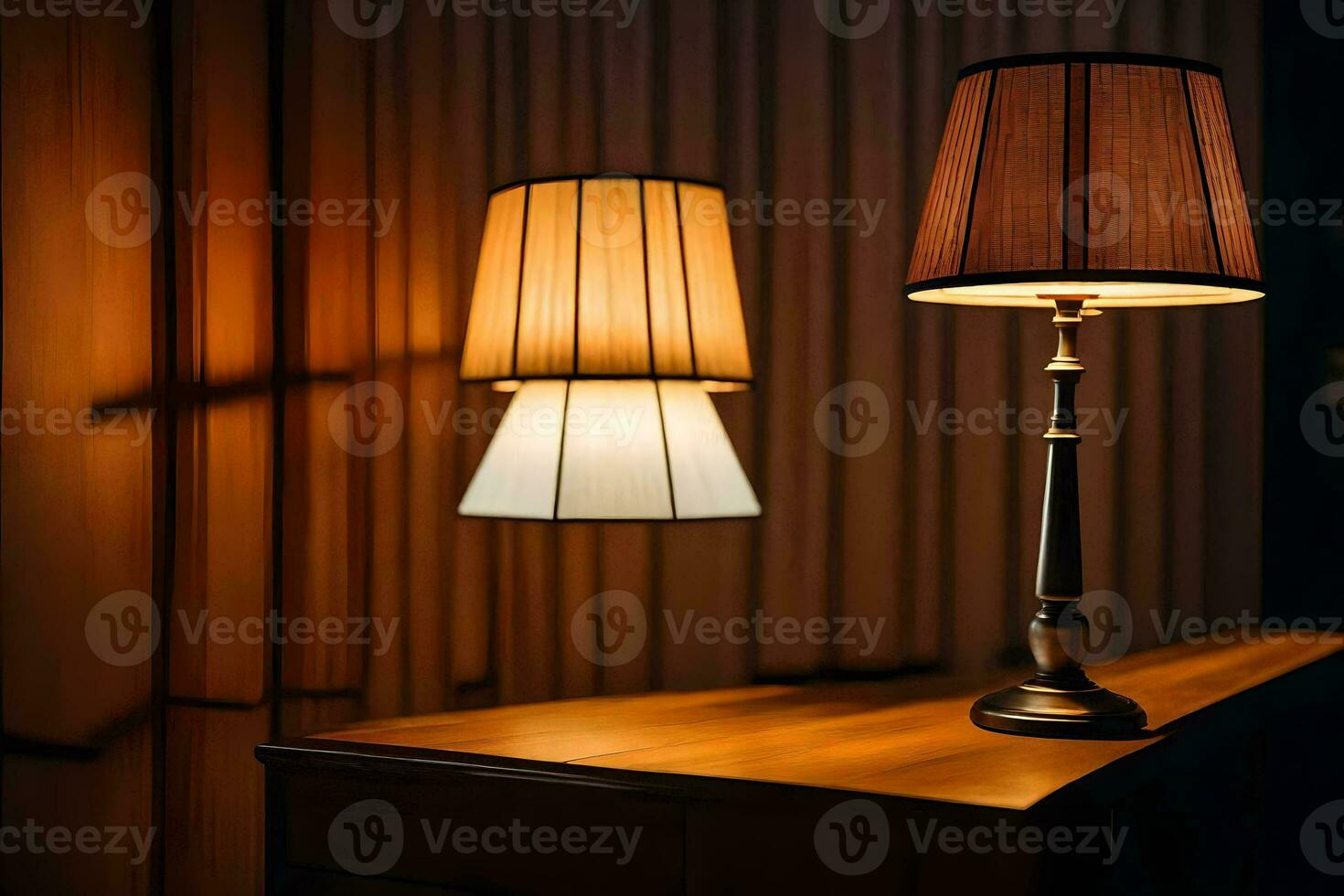 a lamp on a table in front of a curtain. AI-Generated photo