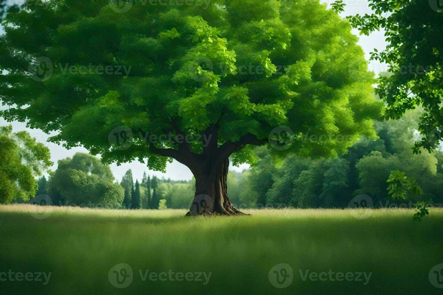 a large green tree in the middle of a field. AI-Generated photo