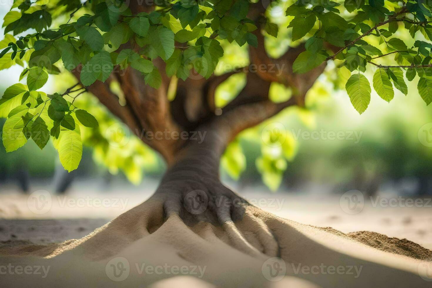 a tree with its roots in the sand. AI-Generated photo