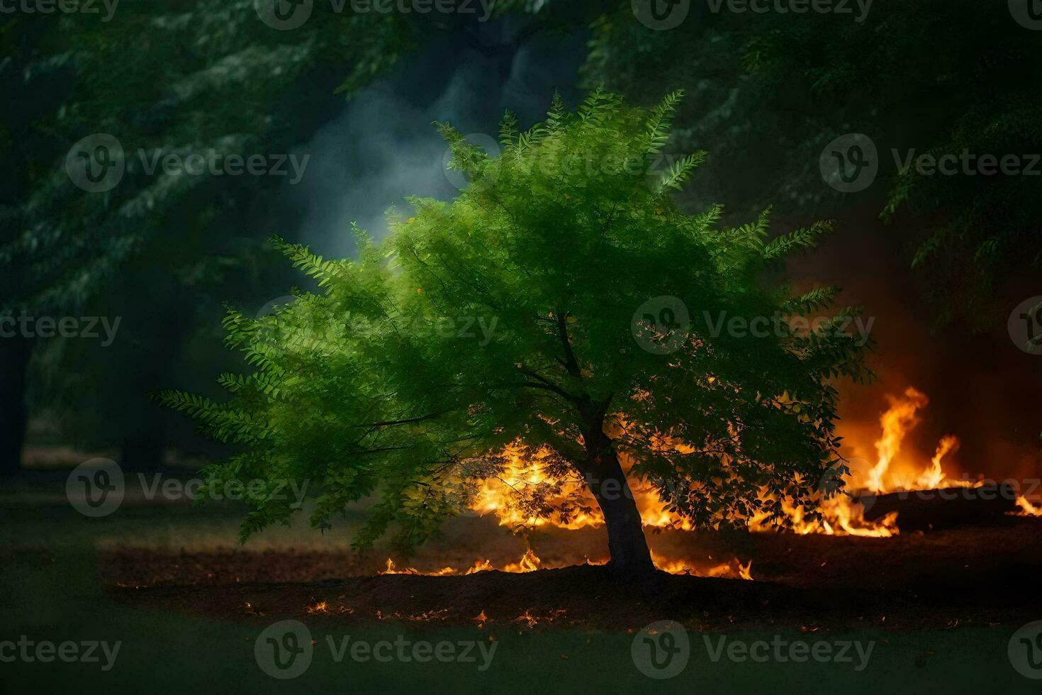 a tree is burning in the middle of a field. AI-Generated photo