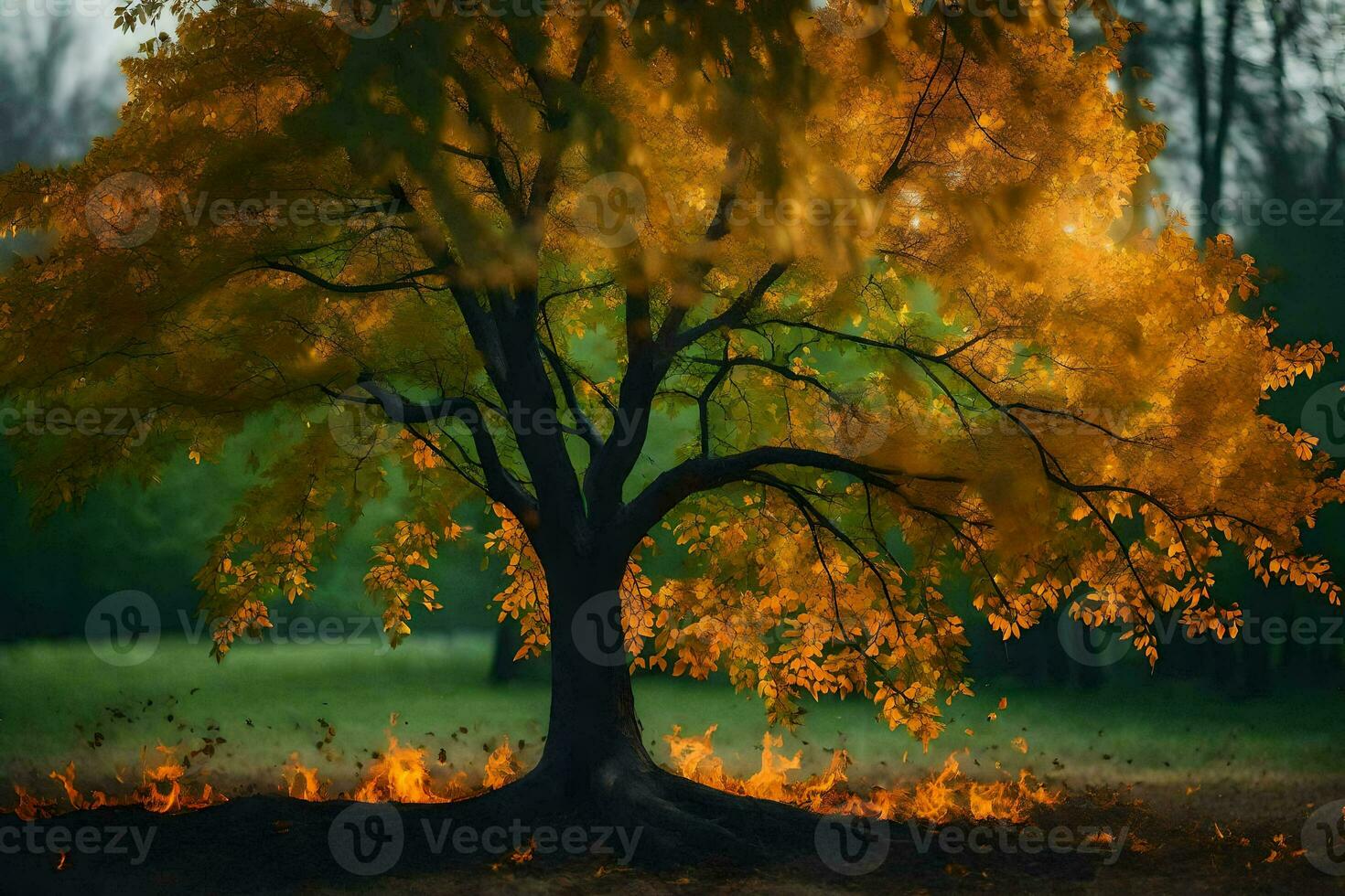 a tree with orange leaves in the middle of a field. AI-Generated photo