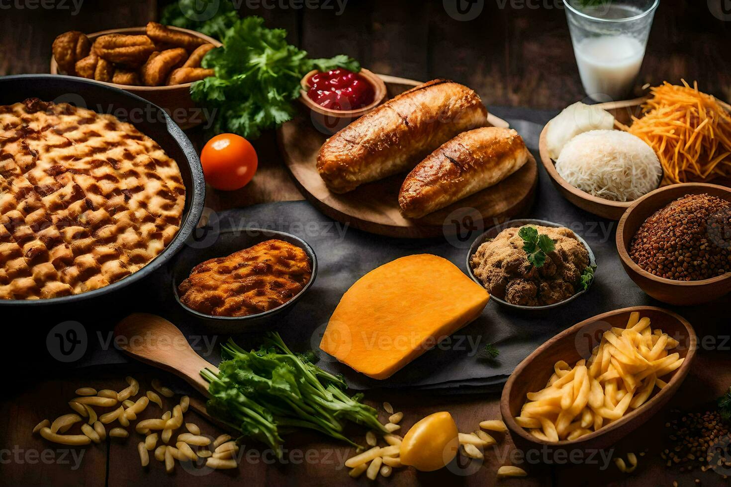 various foods including meat, cheese, bread and vegetables. AI-Generated photo