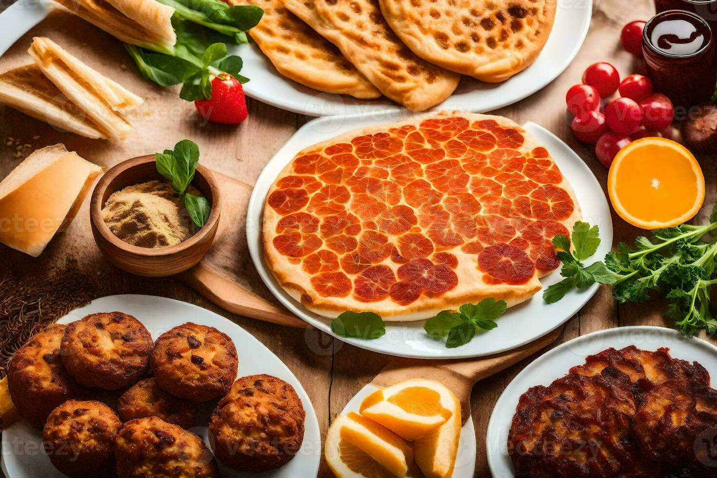 various foods on a wooden table. AI-Generated photo
