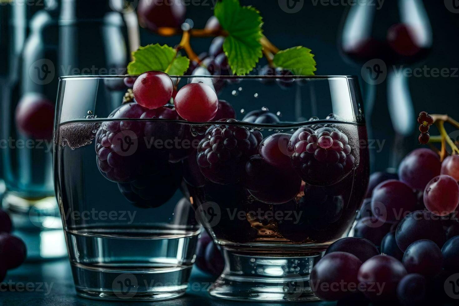 two glasses with grapes and a bottle of vodka. AI-Generated photo