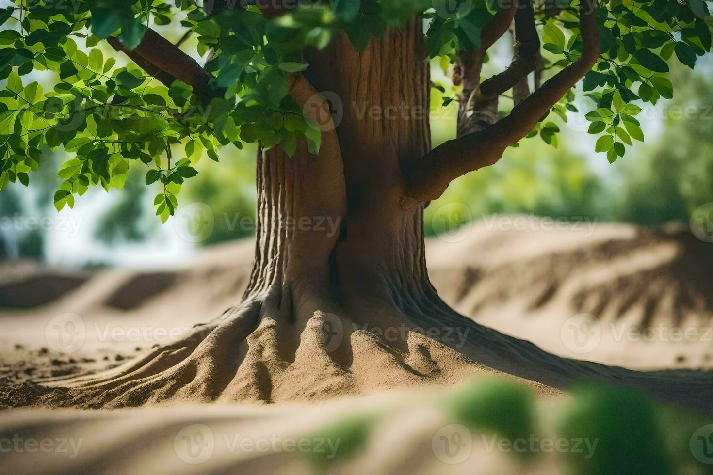 a tree with roots in the sand. AI-Generated photo