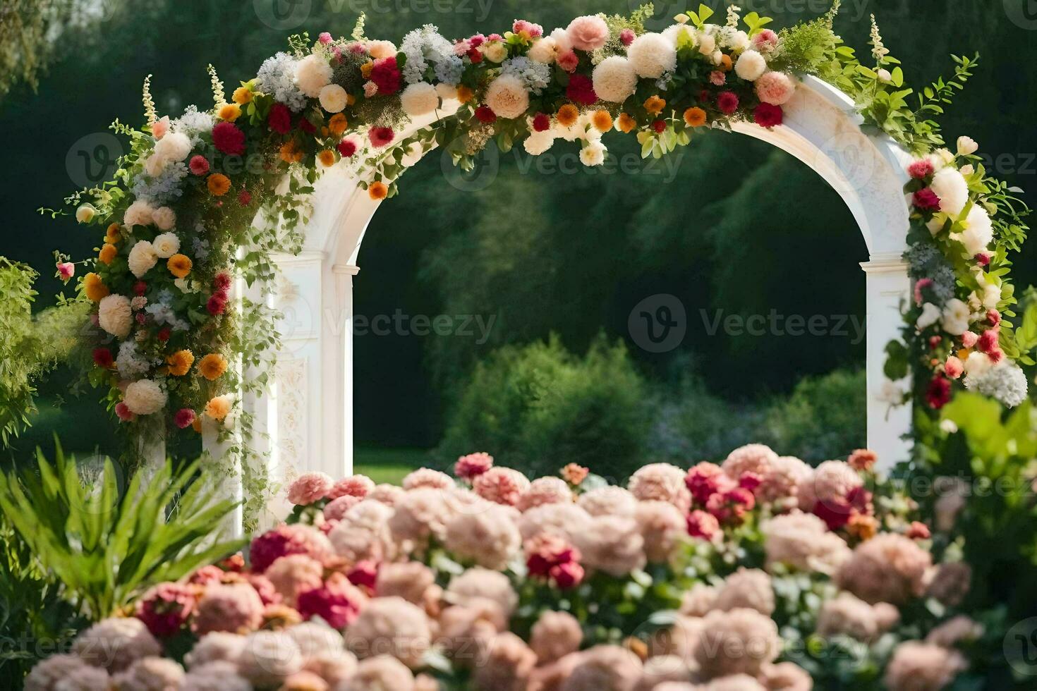 un Boda arco con flores en el antecedentes. generado por ai foto