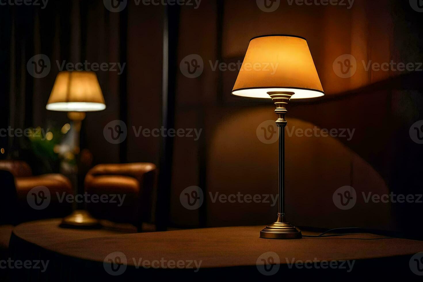 a table lamp and a chair in a dark room. AI-Generated photo