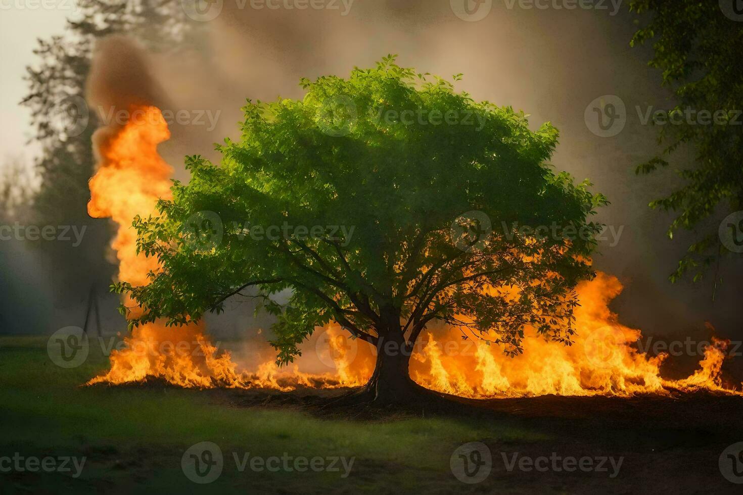 a tree is burning in the field. AI-Generated photo