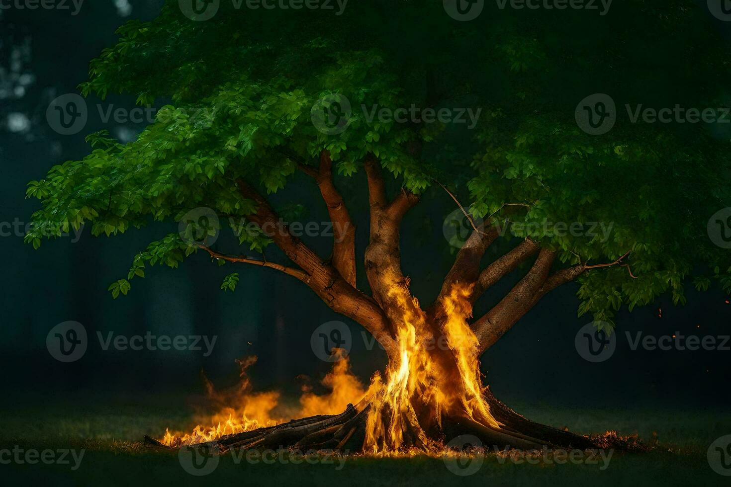 a tree with flames coming out of it in the dark. AI-Generated photo