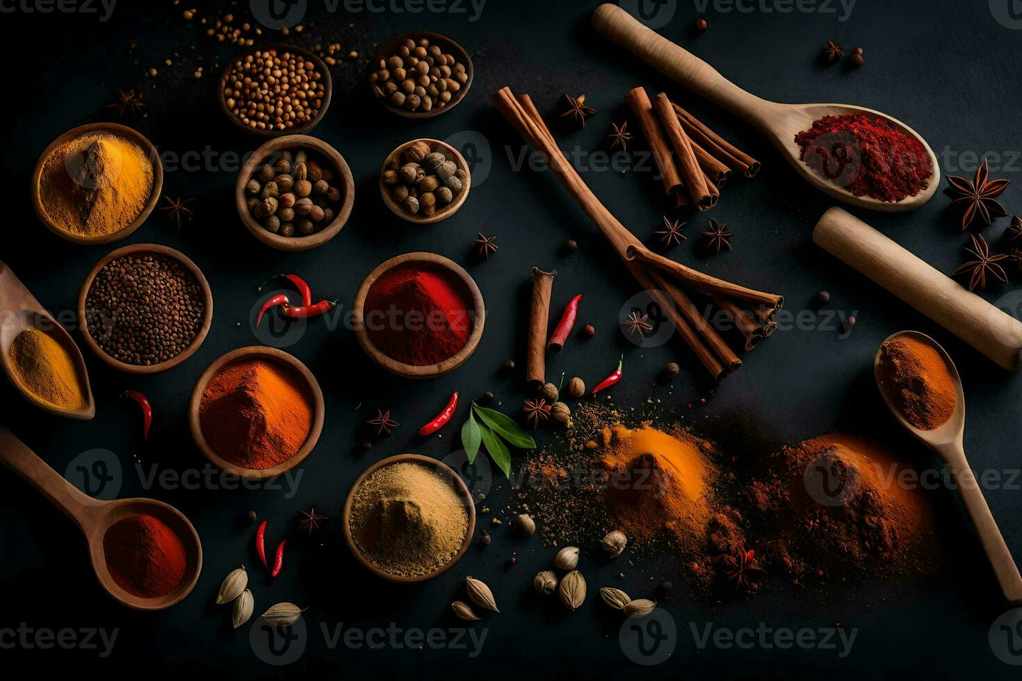spices and spices on a black background. AI-Generated photo