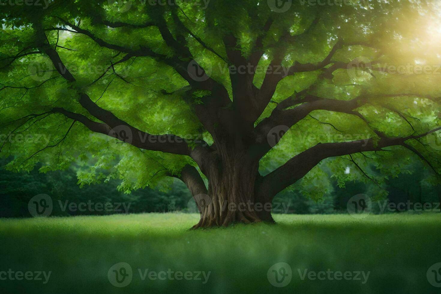 a large tree in the middle of a field. AI-Generated photo