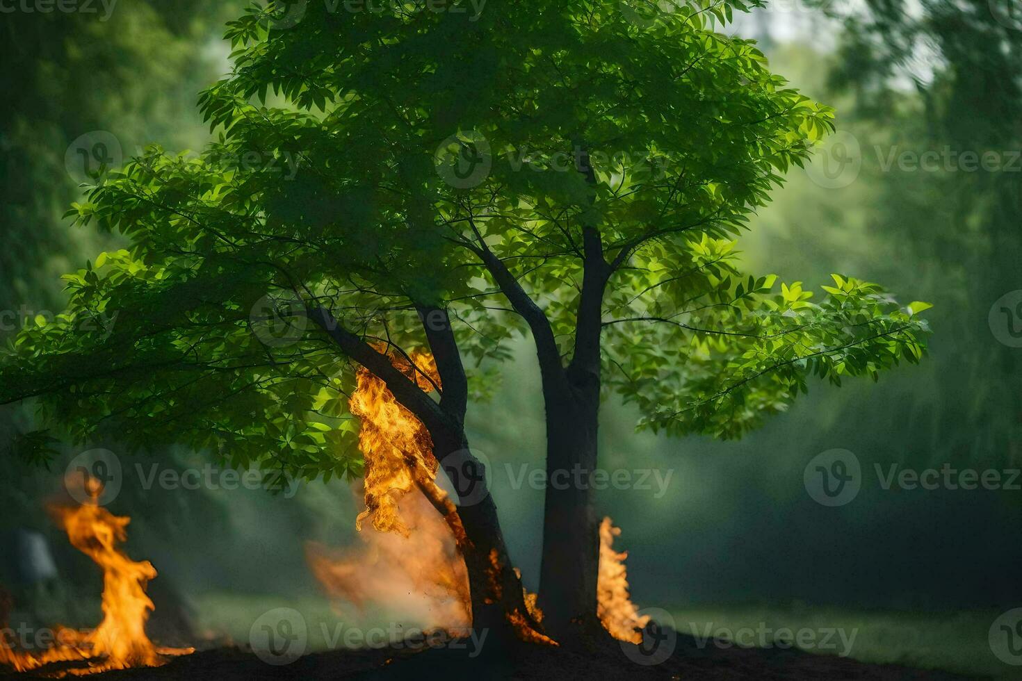 a tree is burning in the middle of a field. AI-Generated photo