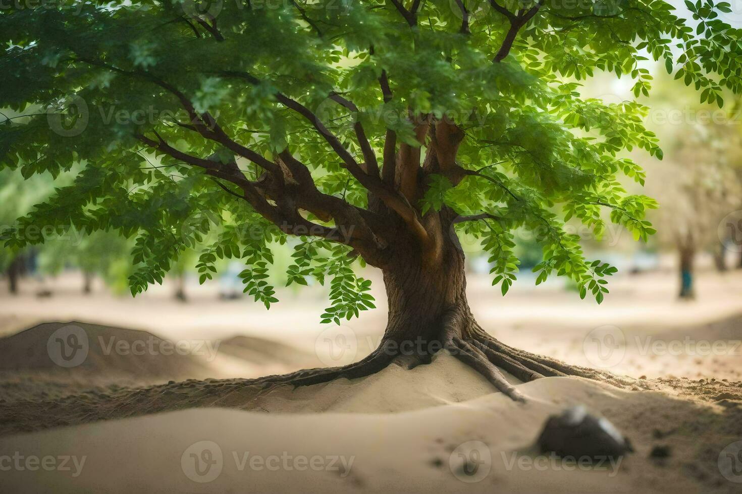 a tree in the sand with a dirt path. AI-Generated photo