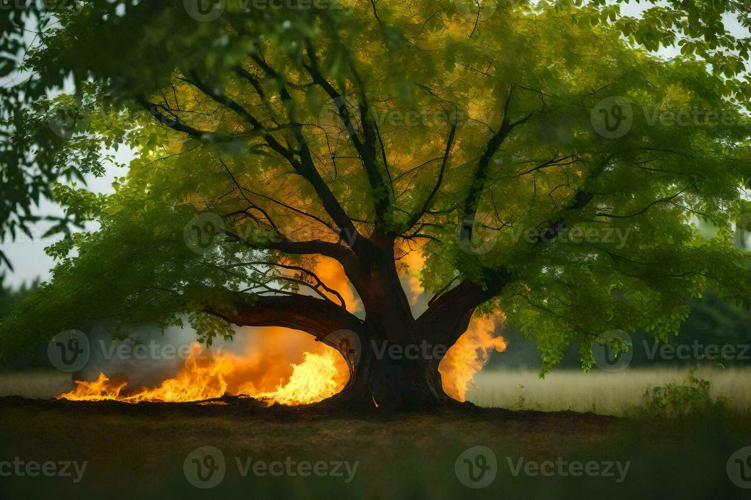 a large tree with flames coming out of it. AI-Generated photo