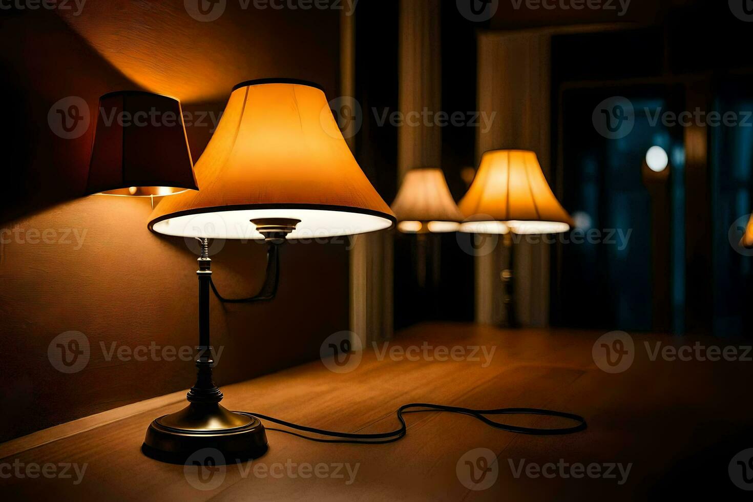 a table lamp is lit up in a dark room. AI-Generated photo