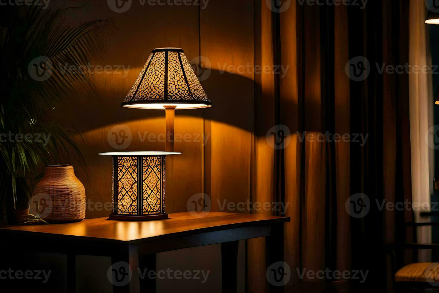 a table with a lamp on it and a vase. AI-Generated photo