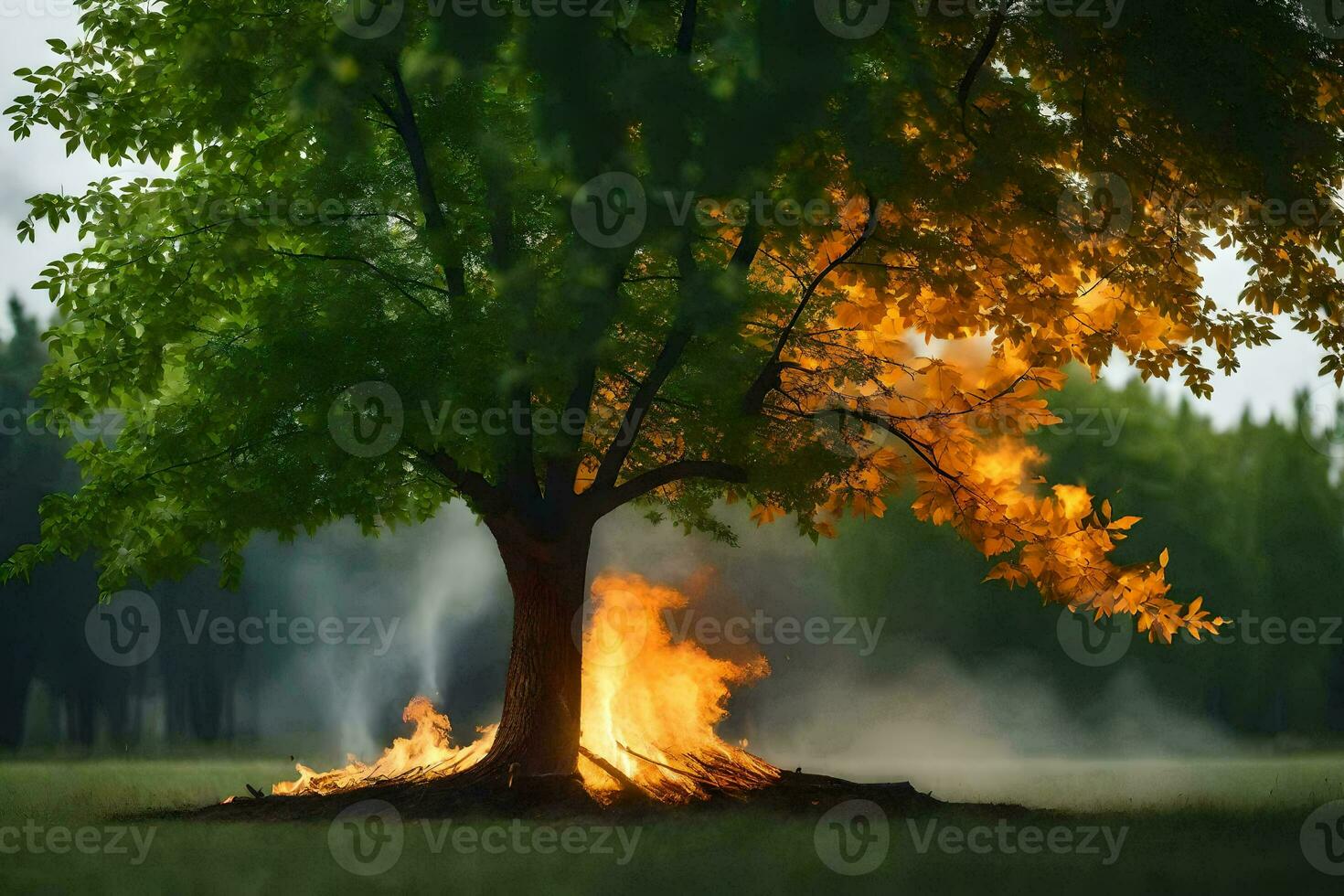 a tree is burning in the middle of a field. AI-Generated photo