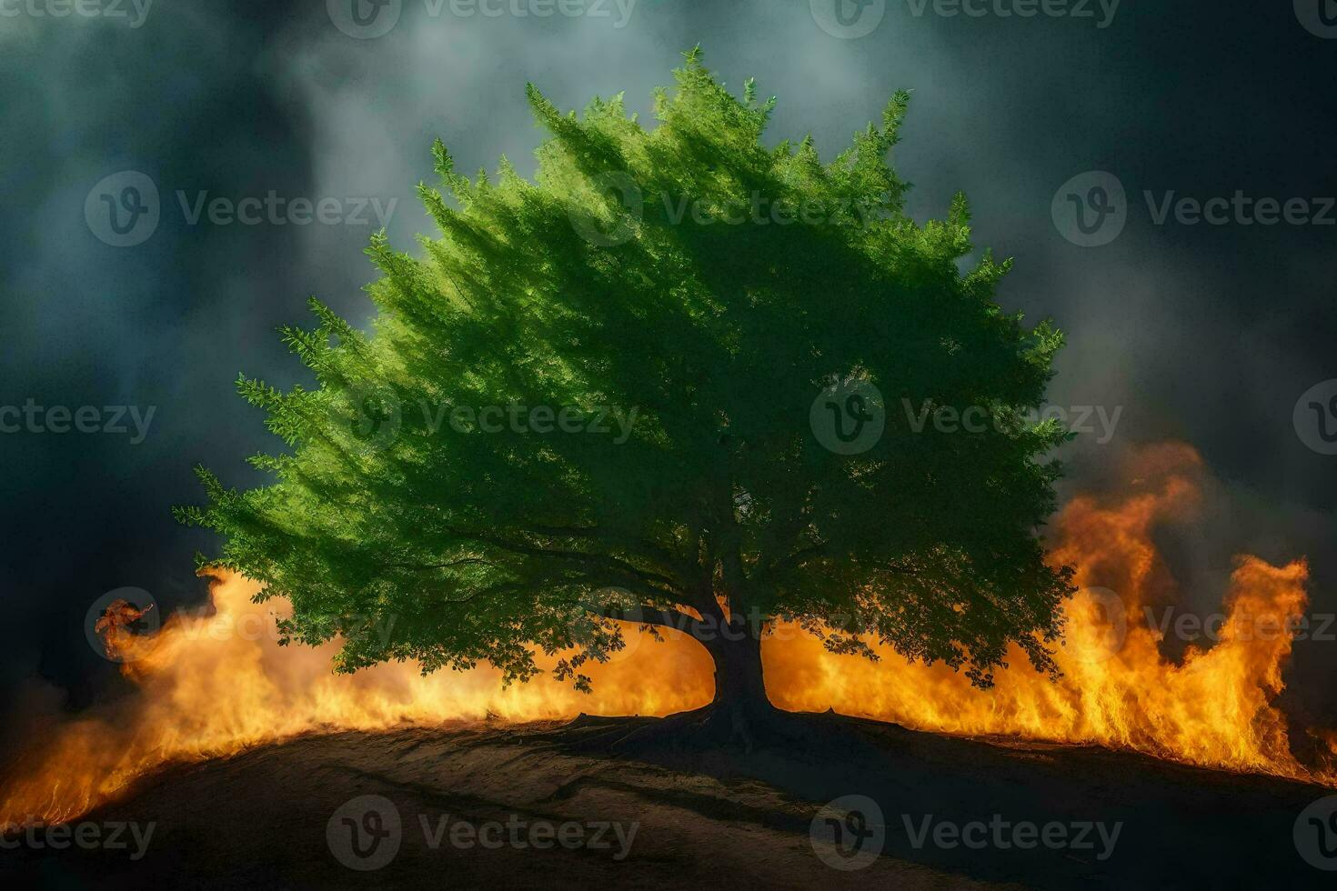 a tree is on fire in the middle of a field. AI-Generated photo