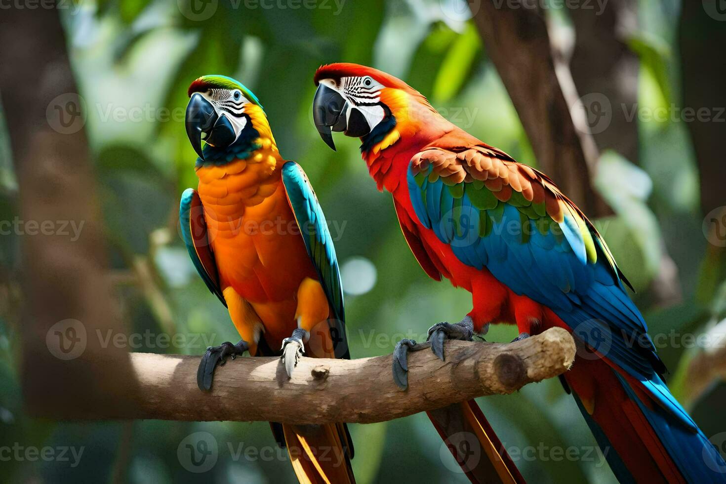 two colorful parrots sitting on a branch. AI-Generated photo