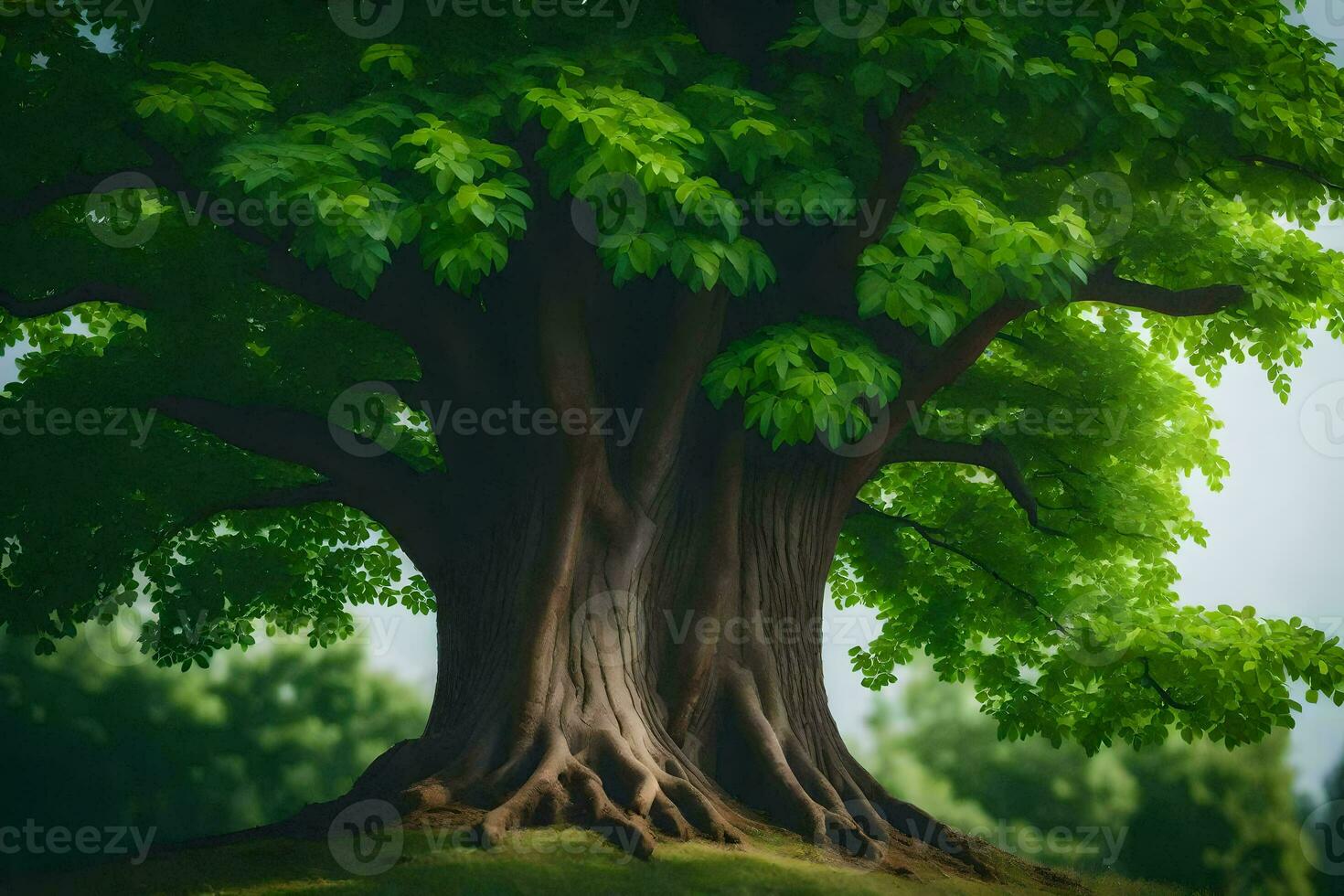 a large tree with green leaves on top. AI-Generated photo