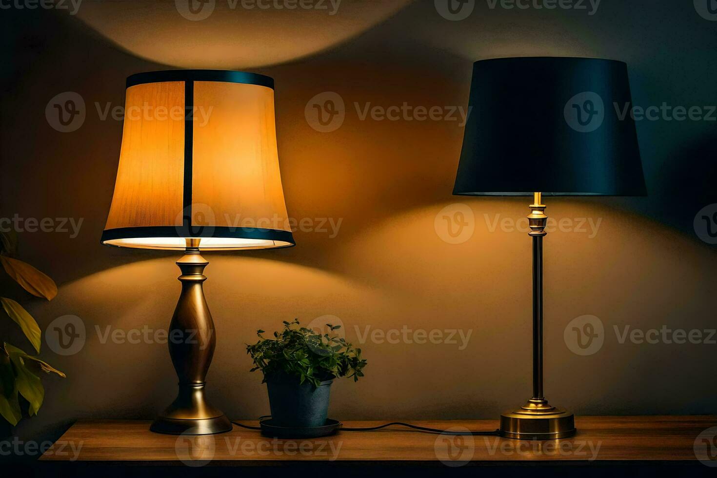 two lamps on a table next to a plant. AI-Generated photo