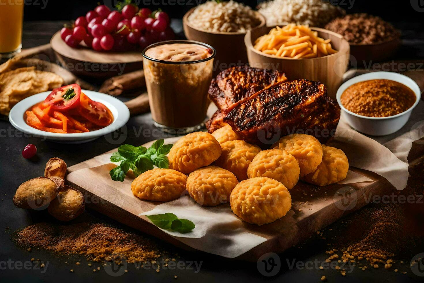 un variedad de comida en un de madera corte tablero. generado por ai foto