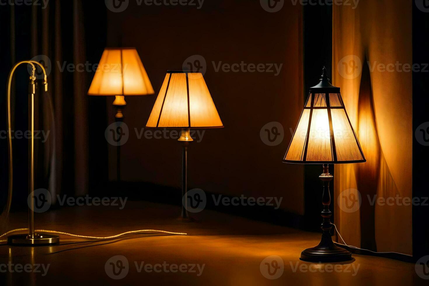 Tres lamparas son sentado en un mesa en el oscuro. generado por ai foto