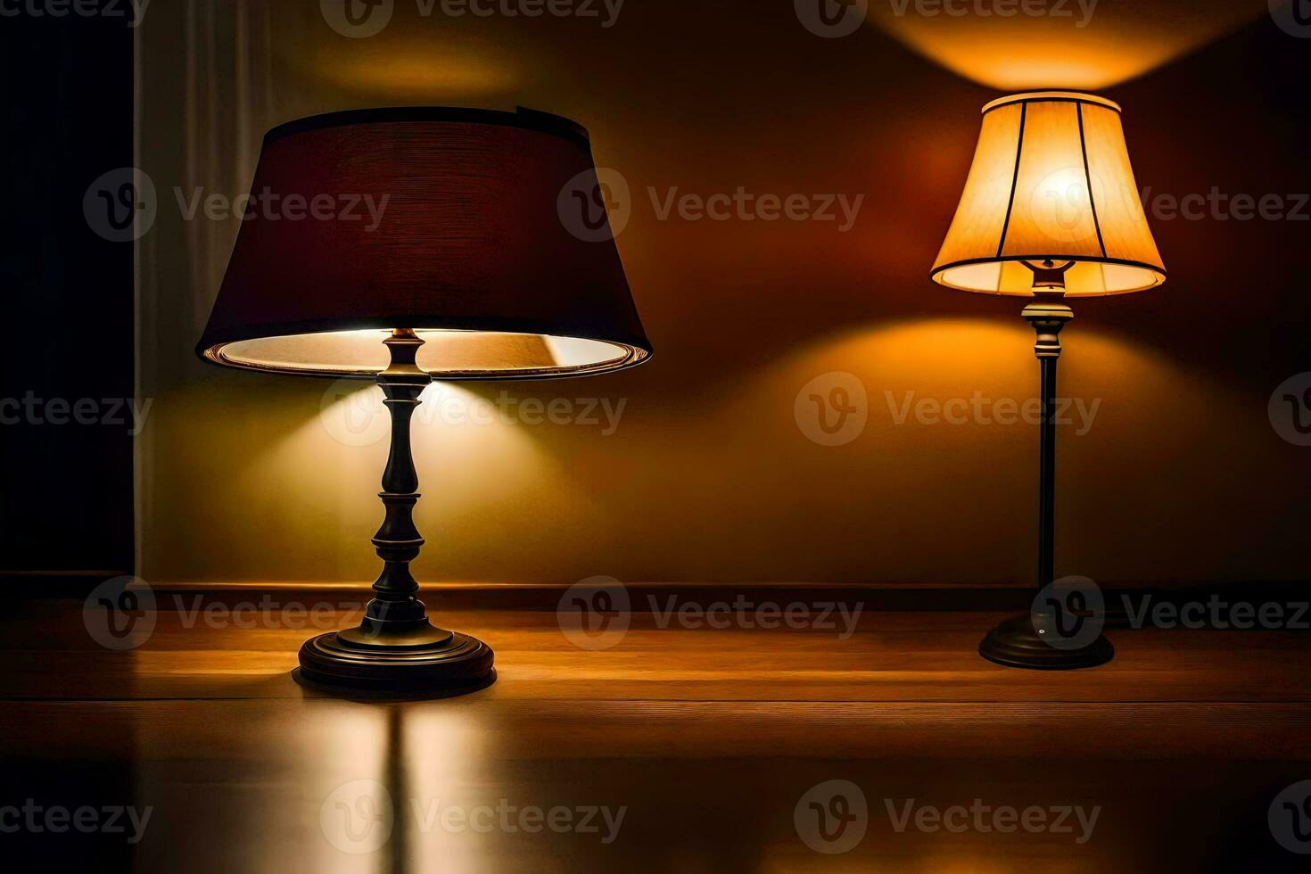 two lamps on a table in a dark room. AI-Generated photo