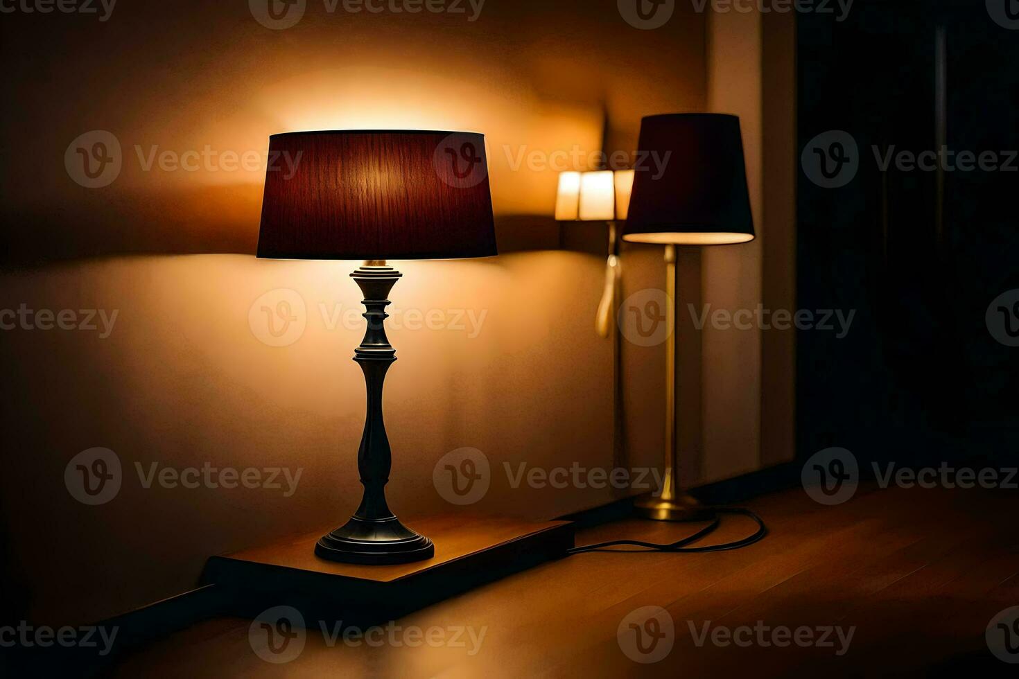 a lamp and a lamp shade on a wooden floor. AI-Generated photo
