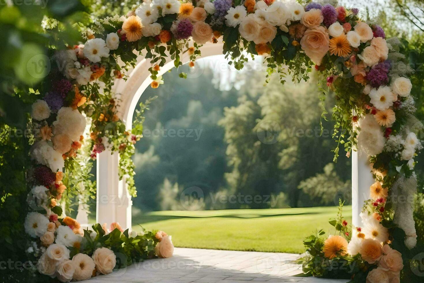 un Boda arco decorado con flores en el césped. generado por ai foto