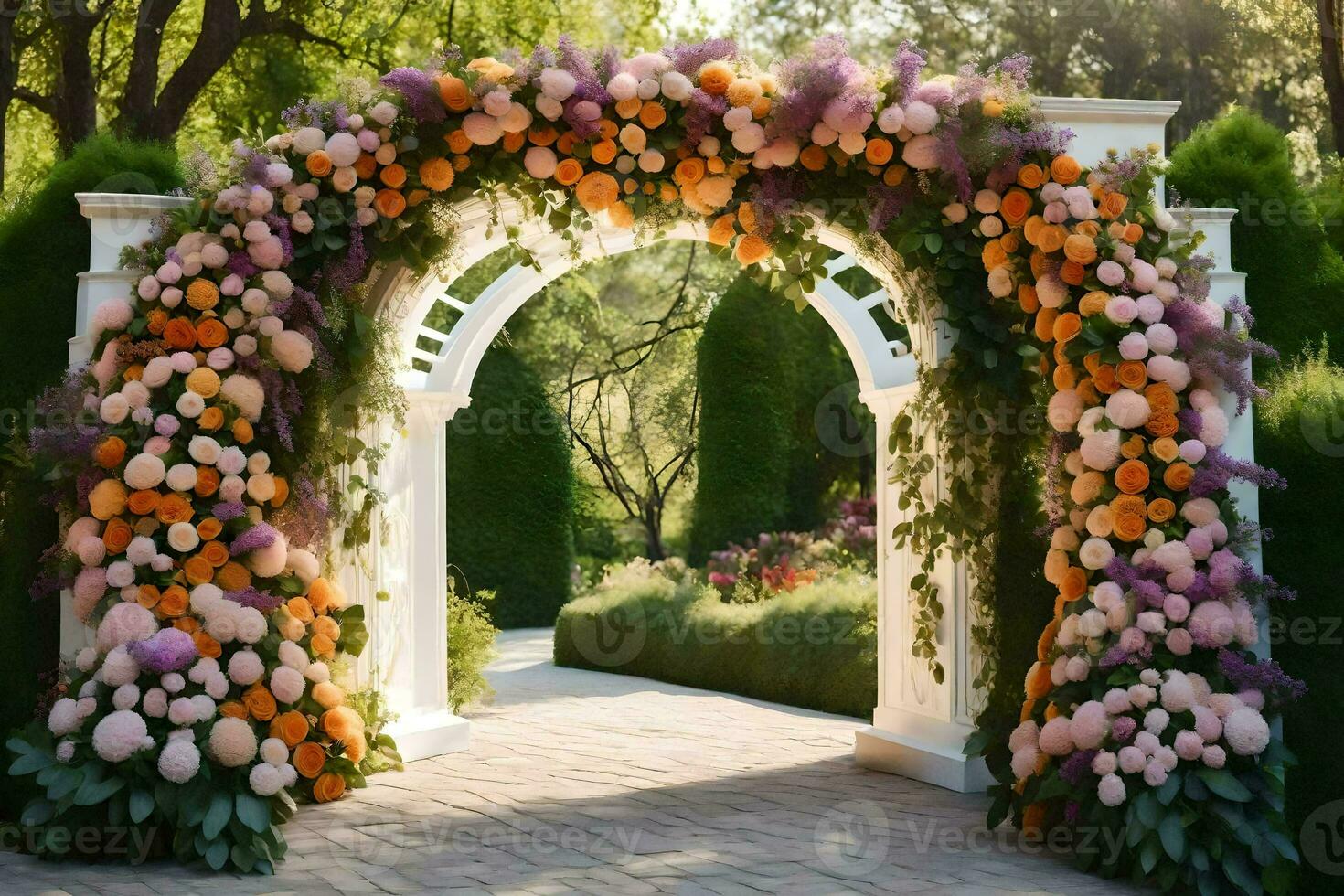 un Boda arco hecho de flores en el jardín. generado por ai foto