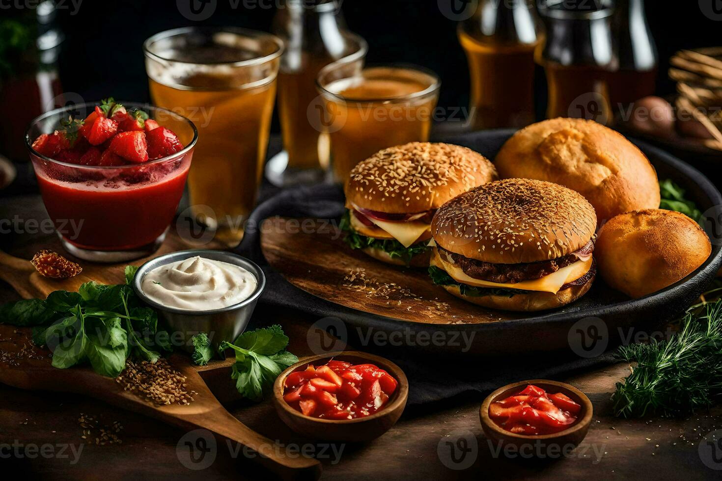 a variety of burgers and other foods on a table. AI-Generated photo