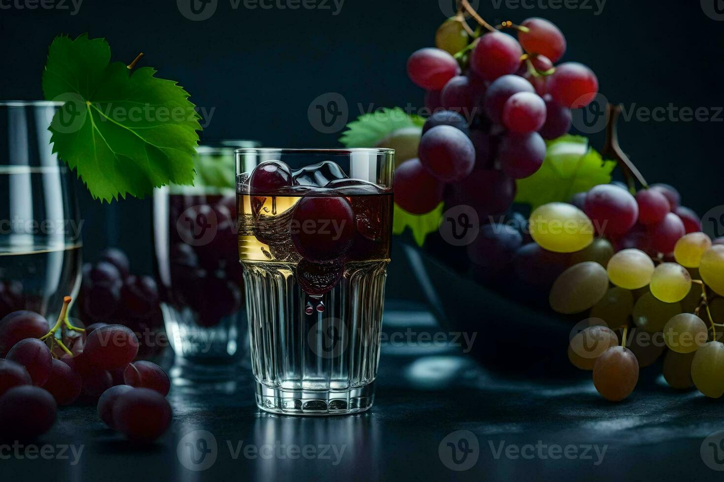 grapes and wine in a glass. AI-Generated photo