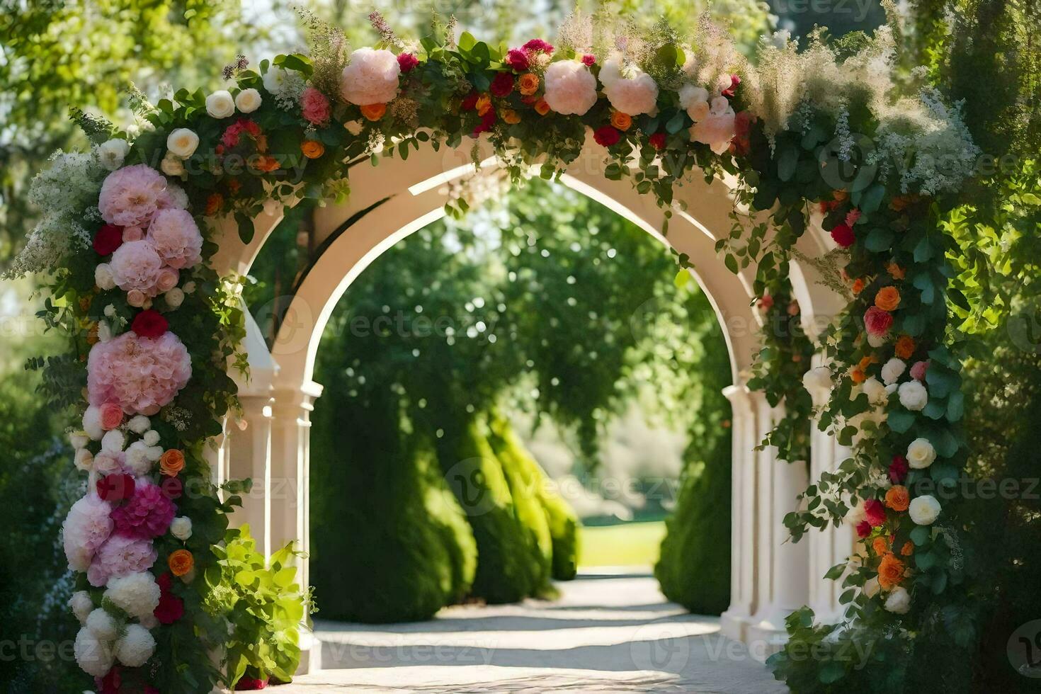 a wedding arch decorated with flowers in the garden. AI-Generated photo