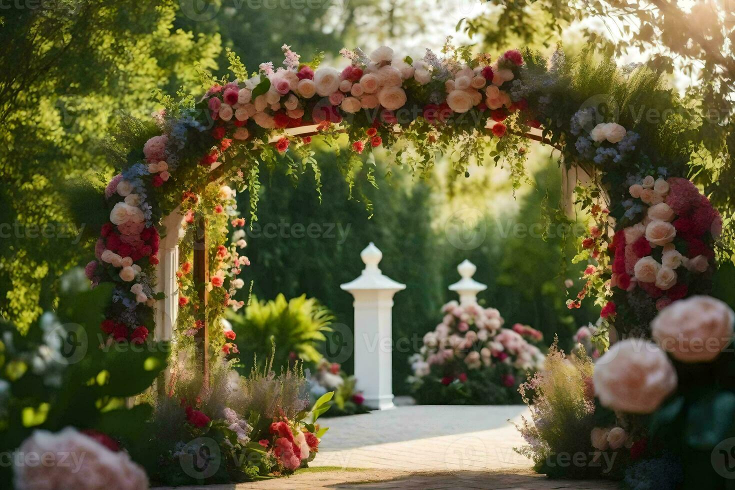 un arco con flores y verdor. generado por ai foto