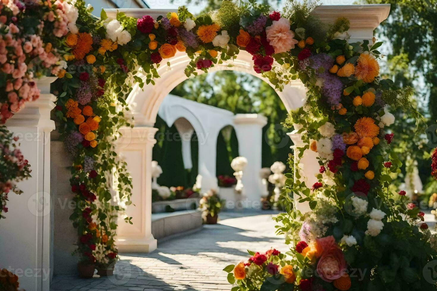 an archway with flowers and greenery. AI-Generated photo