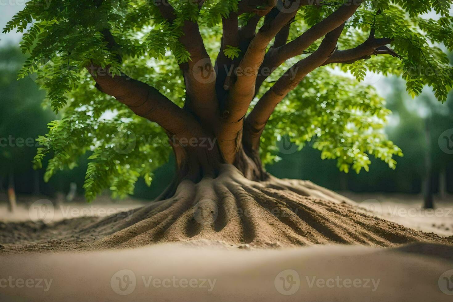 a tree with roots growing out of the sand. AI-Generated photo