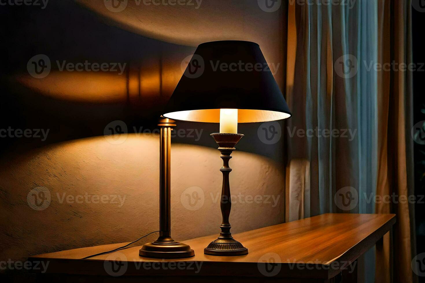 a lamp on a table in front of a window. AI-Generated photo