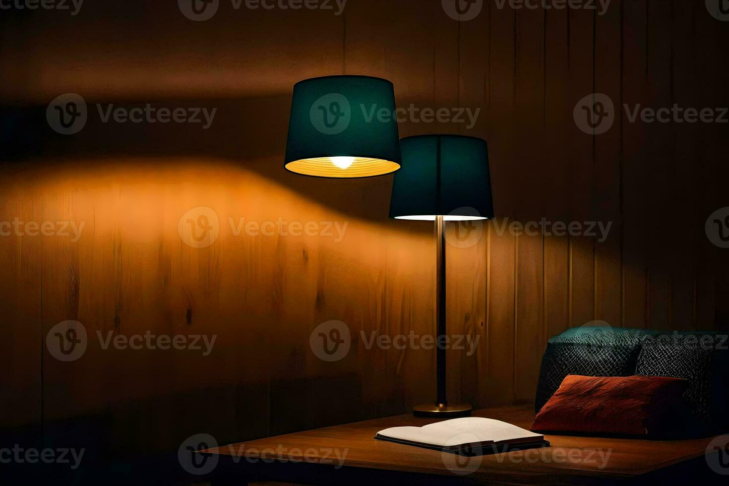 a lamp is on a table next to a book. AI-Generated photo