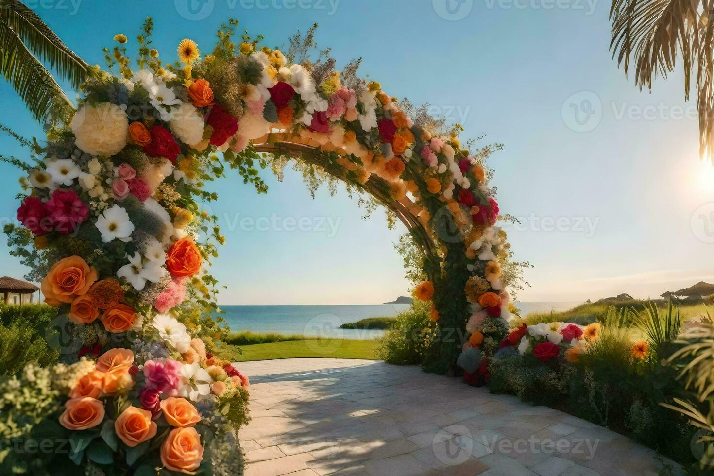 un Boda arco con flores en el playa. generado por ai foto