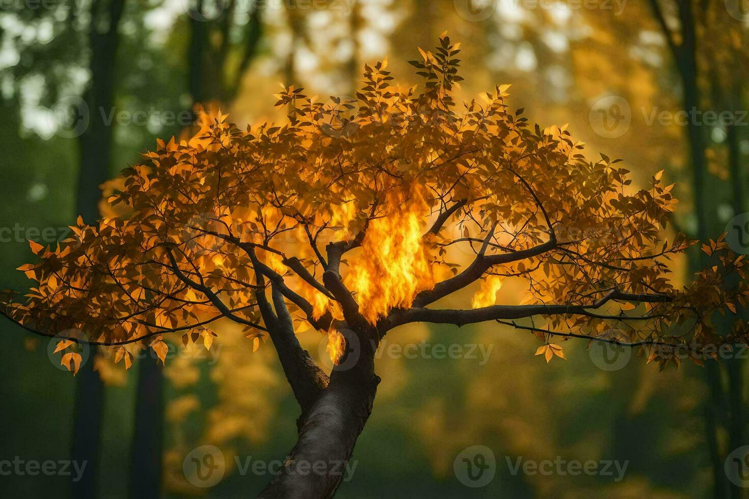 a tree with flames coming out of it in the middle of the forest. AI-Generated photo