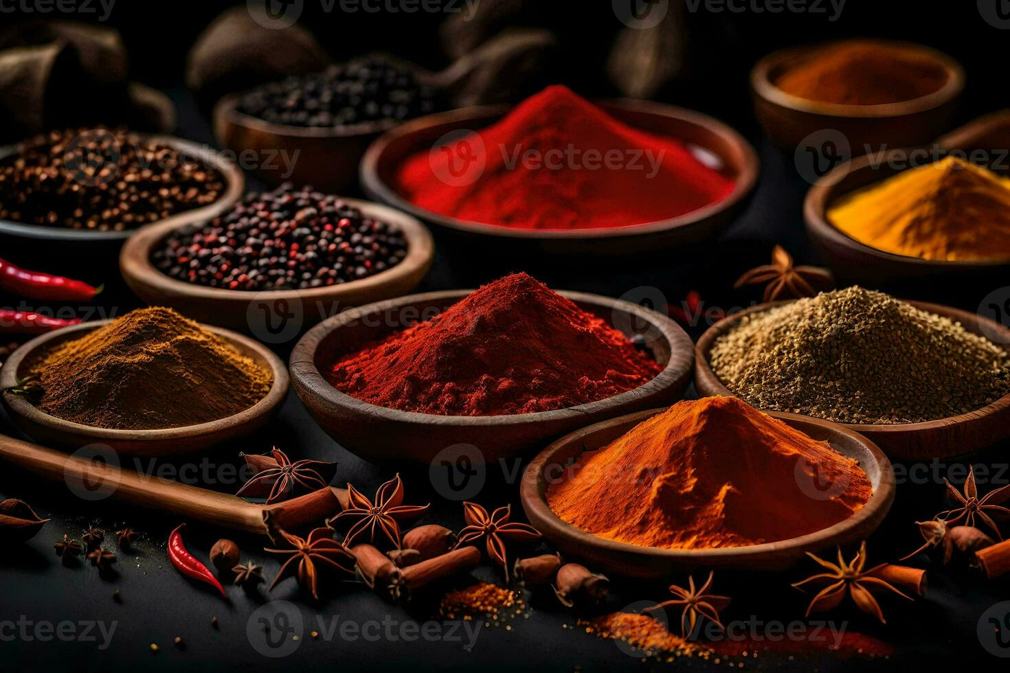 various spices and spices on a black background. AI-Generated photo